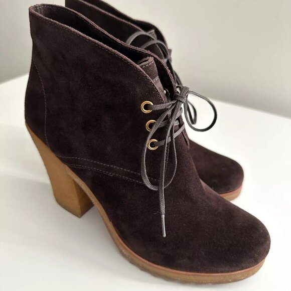 NEW PRADA Brown Suede Lace Up Rubber Heel Ankle Boots Size 38.5 - Picture 7 of 13